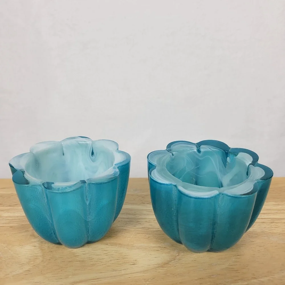 Teal Glass Votive Holders Flower Shape Swirl GlassDecorative Bowl Coastal MCM‎